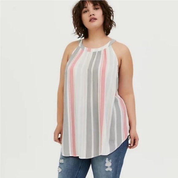 torrid Tops - Torrid White & Multicolor Stripe Rayon Crepe High Neck Goddess Tank Plus Size 1
